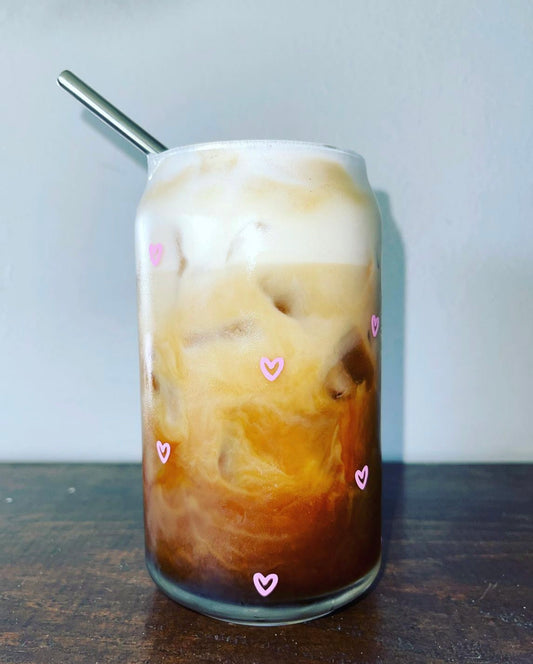 Mini Hearts Iced Coffee Cup, Beer Glass Can, Glass Coffee Cup, Soda Glass Can, Glass Can, Iced Coffee Glass, Aesthetic Glass Beer Can